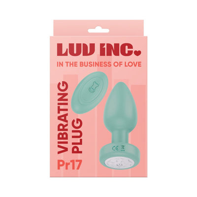 Packaging of Luv Inc Pr17 vibrating plug and remote in soft teal with pink background and bold red text.