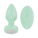 Mint green vibrating plug with matching remote control, both made of smooth silicone with power buttons visible.