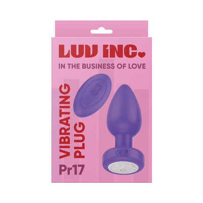 Purple vibrating plug with matching remote control displayed on pink Luv Inc packaging.