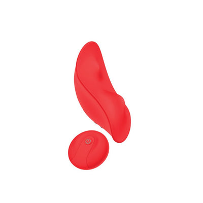 Red sleek remote-controlled panty vibrator with ergonomic design and matching round wireless remote.