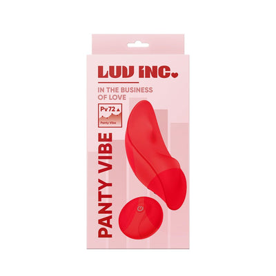 Luv Inc Pv72 Panty Vibe in red with wireless remote control shown in pink packaging.
