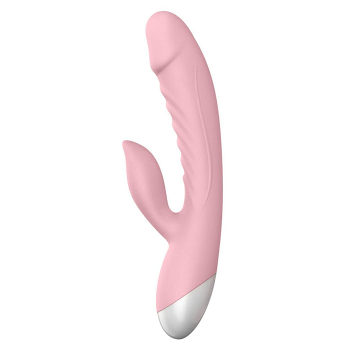 Pink dual-stimulation rabbit vibrator with textured shaft and curved clitoral stimulator, white base, USB rechargeable design.