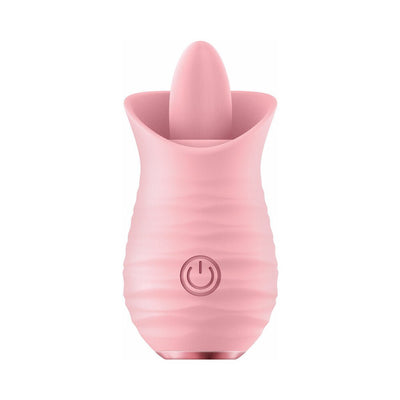 Compact pink silicone vibrator with a tongue-shaped flickering tip and textured body, featuring a power button on the front.