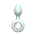 Mint green silicone vibrating plug with rose gold ring handle and textured grip detail.
