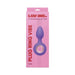 Purple silicone vibrating plug with a rose gold ring, displayed on pink Luv Inc packaging.