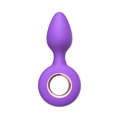 Purple silicone vibrating ring plug with ergonomic shape and rose gold accent ring handle.