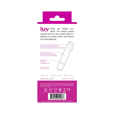 Packaging back view of Luv Mini Vibe Into You showing product features and specifications in pink and white design.