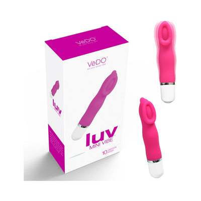 Pink silicone Luv Mini Vibe Into You with cupped head and white base, shown with packaging box.