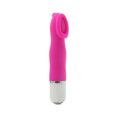 Pink silicone mini vibrator with cupped head and white base, designed for targeted clitoral stimulation.