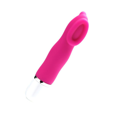 Bright pink silicone mini vibrator with cupped head and silver-accented base on white background.