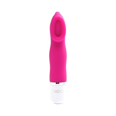 Pink silicone mini vibrator with cupped head and white base, designed for targeted stimulation and easy control.