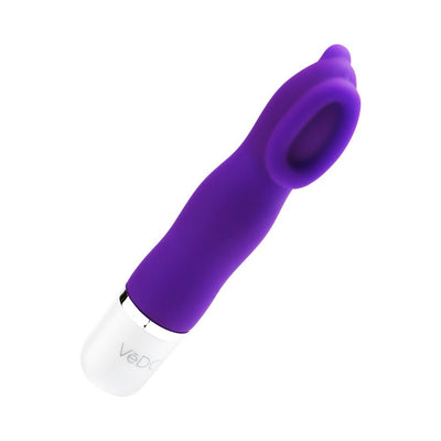 Purple silicone mini vibrator with cupped head and white base control button on a white background.