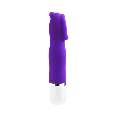 Purple silicone mini vibrator with curved head and white base, designed for targeted stimulation.