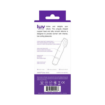 Packaging back view of Luv Mini Vibe Into You showing product features and specifications in purple and white design.