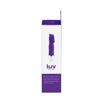 Packaging box of Luv Mini Vibe Into You in purple and white with product image and description.
