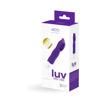 Packaging box of the Luv Mini Vibe Into You in purple and white with product image and key features displayed.