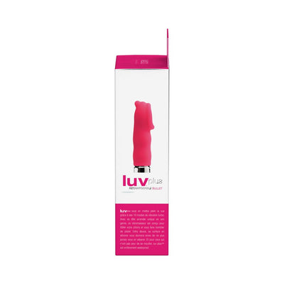 Packaging box of Luv Plus Rechargeable Bullet Vibrator in pink and white with product image and description.