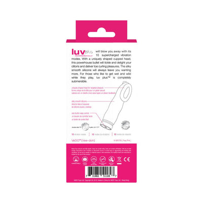 Packaging back of Luv Plus Rechargeable Bullet Vibrator highlighting features like 10 vibration modes, silicone material, and submersible design.