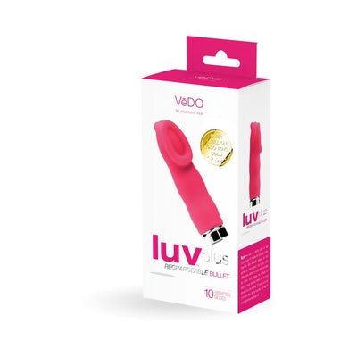 Packaging of Luv Plus Rechargeable Bullet Vibrator in pink with 10 vibration modes and USB rechargeable feature.
