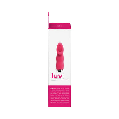 Packaging box of Luv Plus Rechargeable Bullet Vibrator in pink and white with product image and description.