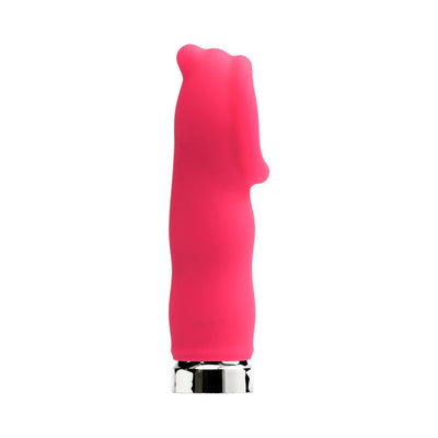 Compact pink rechargeable bullet vibrator with smooth silicone finish and silver base on white background.