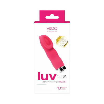 Pink Luv Plus rechargeable bullet vibrator with cupped head shown on white retail packaging with product details.