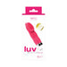 Pink Luv Plus rechargeable bullet vibrator with cupped head shown on white retail packaging with product details.
