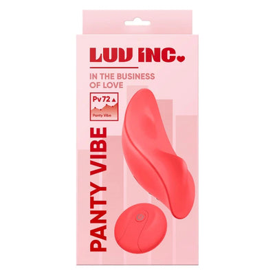 Luv Inc Pv72 Panty Vibe in coral pink with wireless remote control on pink packaging.