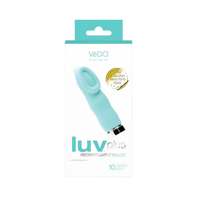 Packaging of the Luvplus Rechargeable Vibe in light blue with ergonomic cupped head and 10 vibration modes.