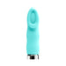 Turquoise silicone rechargeable personal massager with cupped head and silver base on white background.