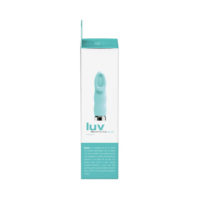 Luvplus Rechargeable Vibe in turquoise with cupped head shown on white packaging box with product details.