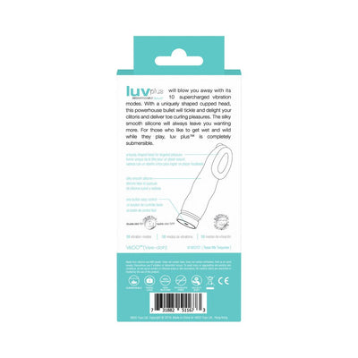 Packaging back of Luvplus Rechargeable Vibe showing product features and usage instructions in turquoise and white design.