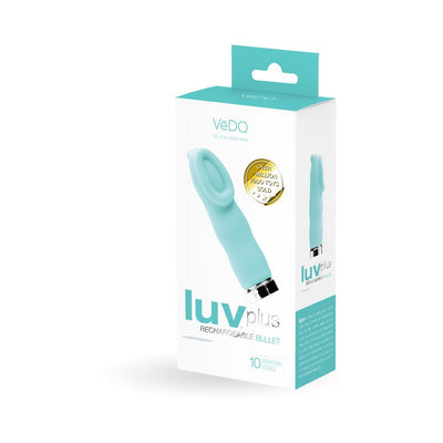 Luvplus Rechargeable Bullet vibrator in light blue with ergonomic cupped head shown on product packaging box.