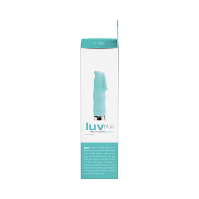 Packaging box of Luvplus Rechargeable Vibe in light blue with product image and description on white background.