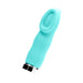 Compact turquoise rechargeable personal massager with cupped head and silver base ring.