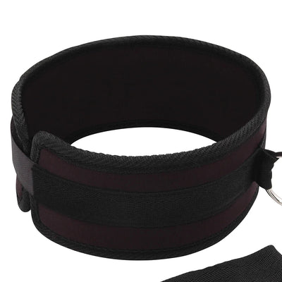 Black neoprene padded collar with durable mesh strap and metal ring detail, part of a fetish collar and leash set.