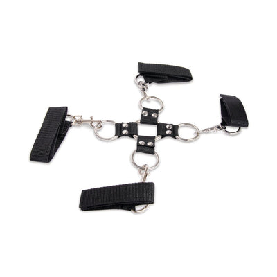 Black adjustable hogtie connector with four attached wrist and ankle cuffs made of durable nylon and metal rings.