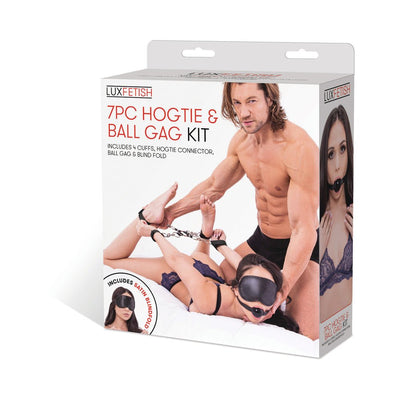 Lux Fetish 7-piece hogtie and ball gag kit packaging showing a couple using adjustable cuffs, hogtie connector, ball gag, and satin blindfold.