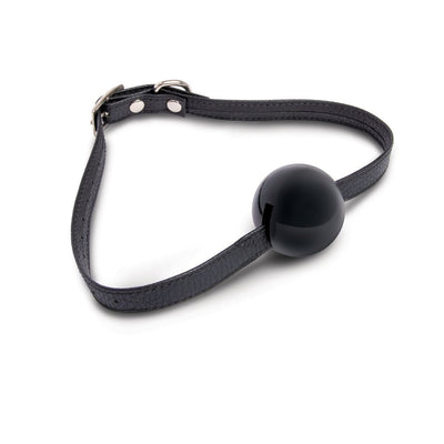 Black adjustable ball gag with textured strap and metal buckle on white background