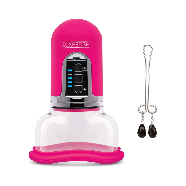 Rechargeable pink and clear automatic pussy pump with digital controls and a separate metal clit clamp with black beads.