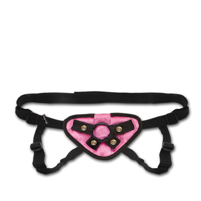 Black and pink neoprene strap on harness with adjustable straps and metal ring for secure fit