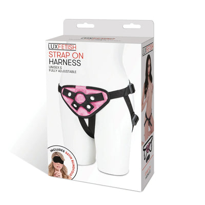 Lux Fetish neoprene strap on harness in black and pink with adjustable straps displayed on mannequin.