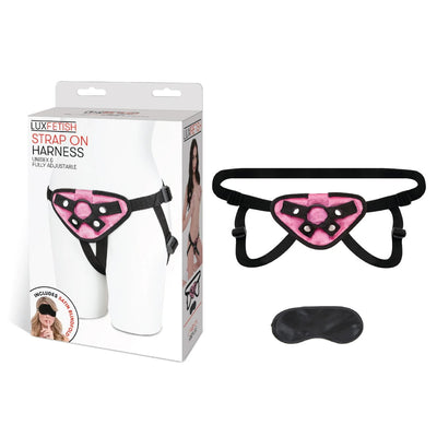 Lux Fetish neoprene strap on harness in black and pink with adjustable straps and included black satin blindfold.