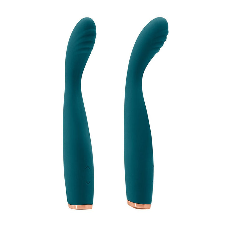 Teal Luxe Lille rechargeable vibrator with curved, textured head and rose gold base shown from two angles on white background.