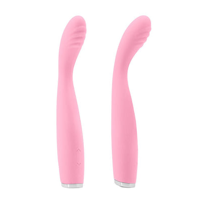 Two views of a sleek, curved pink Luxe Lille rechargeable vibrator with textured tip and silver base accents.