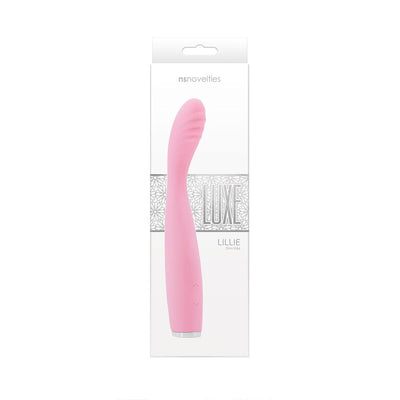 Pink Luxe Lille rechargeable vibrator in slim, curved design with textured tip, displayed in white retail packaging.