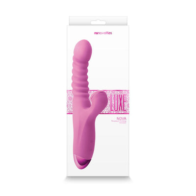 Pink Luxe Nova dual stimulator with textured thrusting shaft and curved clitoral stimulator on white packaging.
