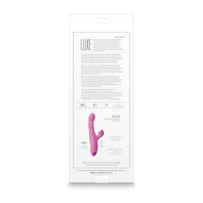 Back view of Luxe Nova Thrusting and Throbbing Dual Stimulator packaging with product details and usage instructions.