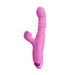 Pink dual stimulator with textured thrusting shaft and curved clitoral stimulator, made of smooth silicone.
