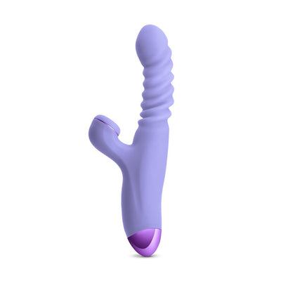Purple dual stimulator with textured thrusting shaft and curved clitoral stimulator, featuring a sleek ergonomic design.